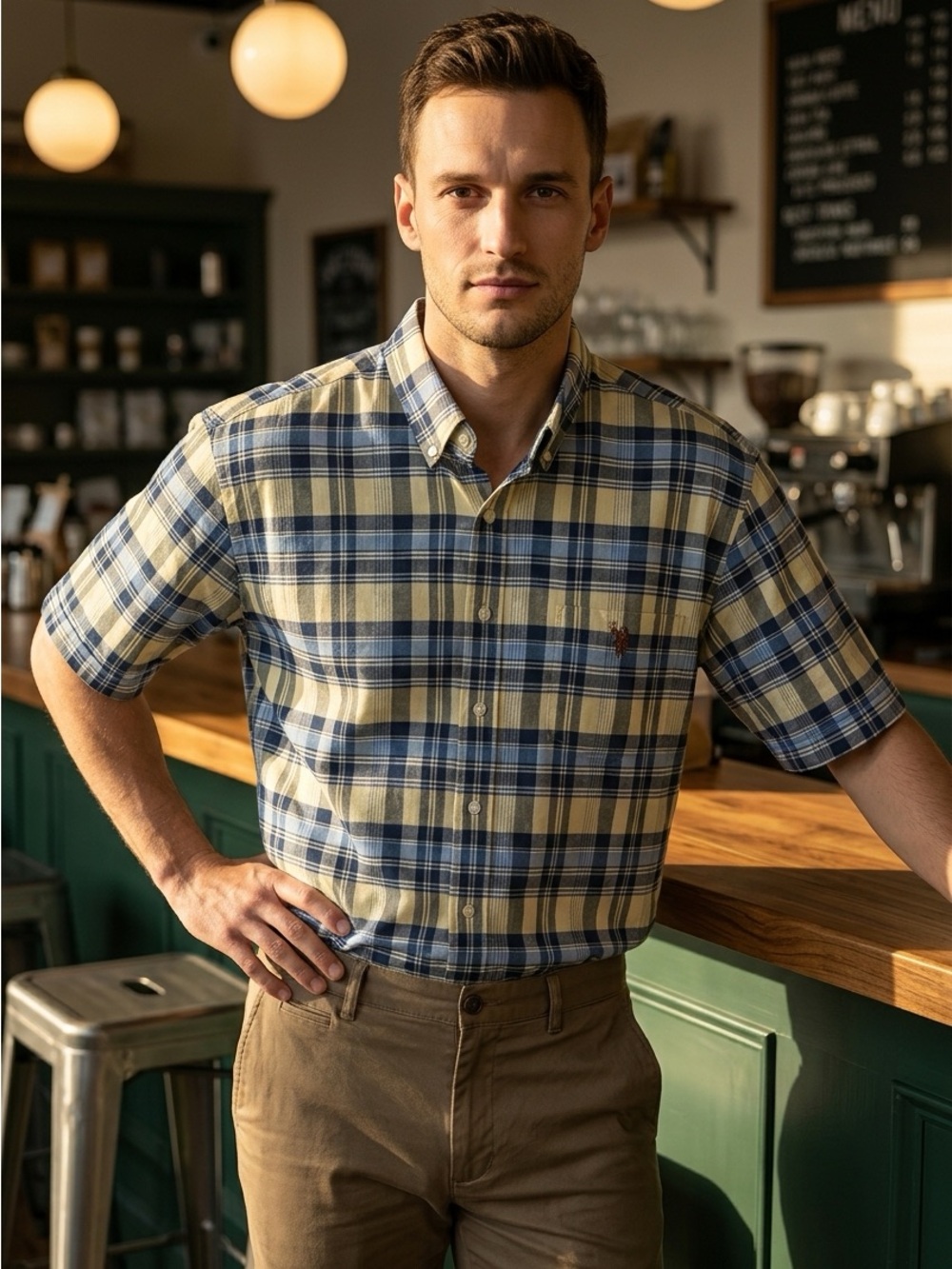U.S. Polo Assn. Short-Sleeve Plaid Button-Down Shirt in Blue and Tan